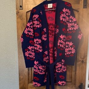 Cozy Floral Knit Cardigan - Pink and Red on Navy